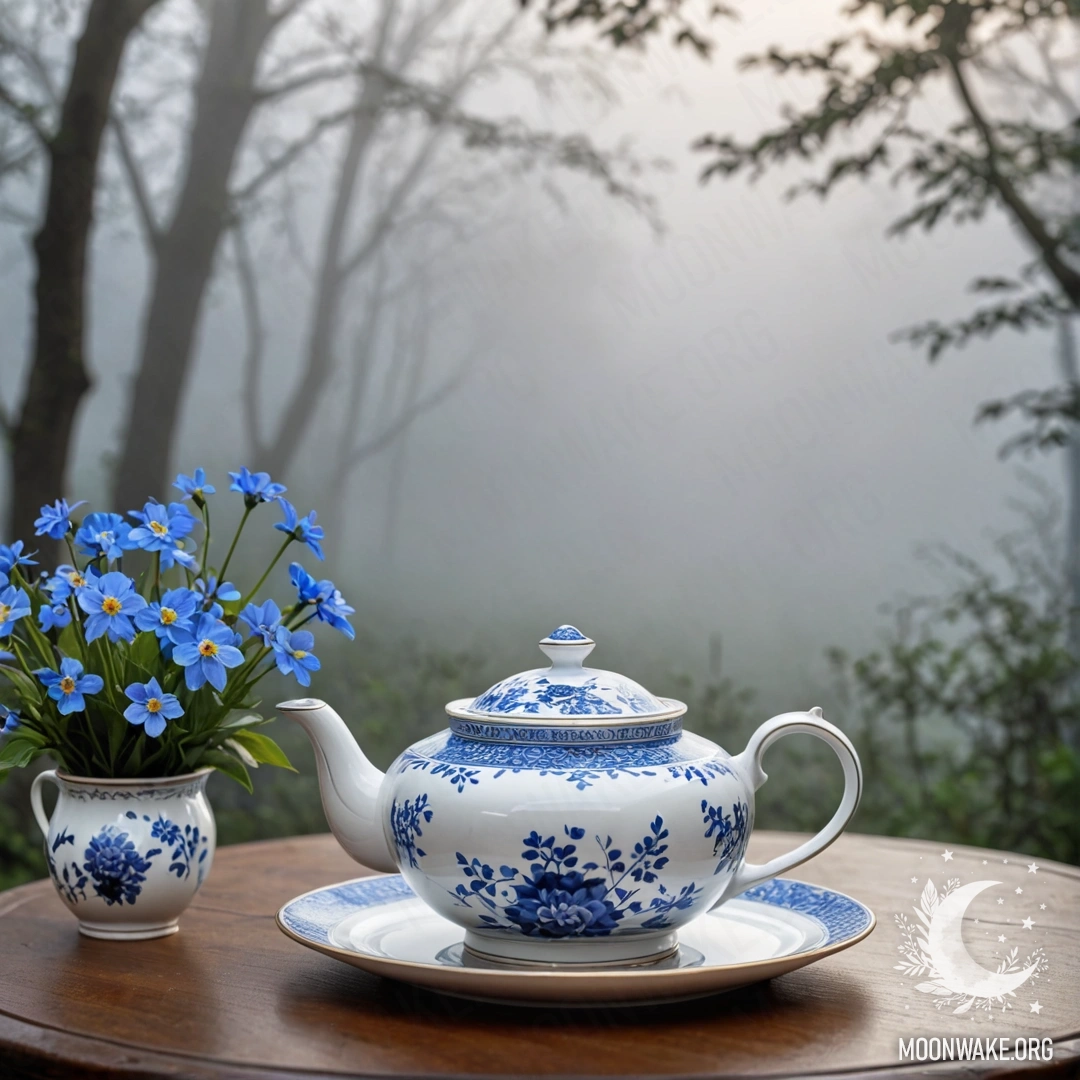 Круглый деревянный стол с фарфоровым чайником, наполненным синими цветами, в густом тумане.
