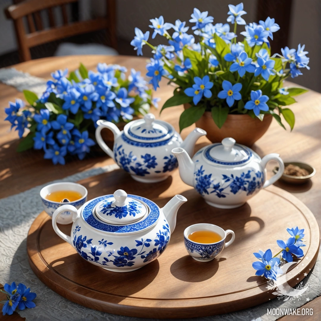 Фотореалистичное изображение круглого деревянного стола с фарфоровым чайником и голубыми цветами, освещенными солнечными лучами.