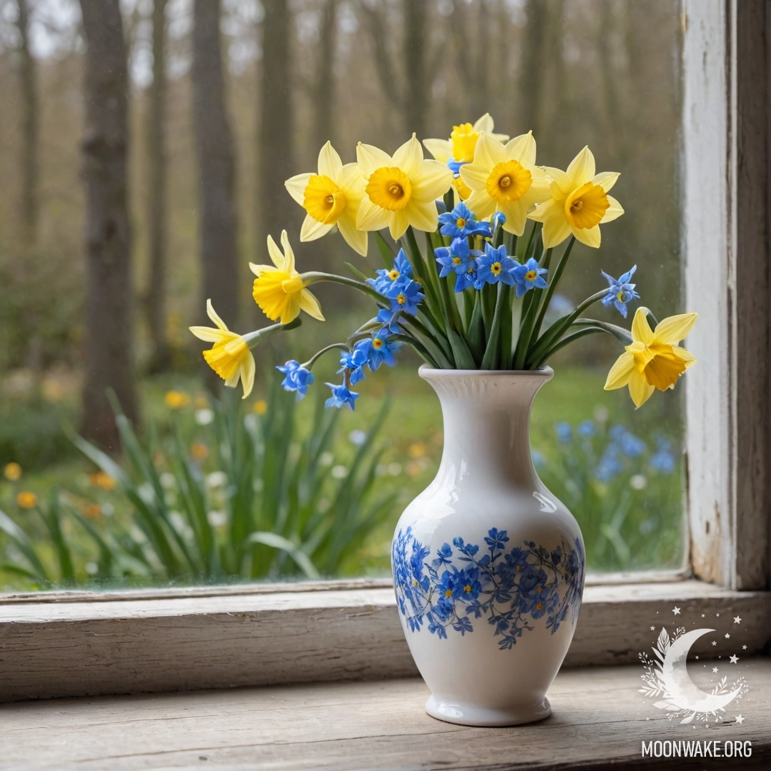 Старый обшарпанный подоконник, украшенный белой фарфоровой вазой, наполненной нарциссами и незабудками.