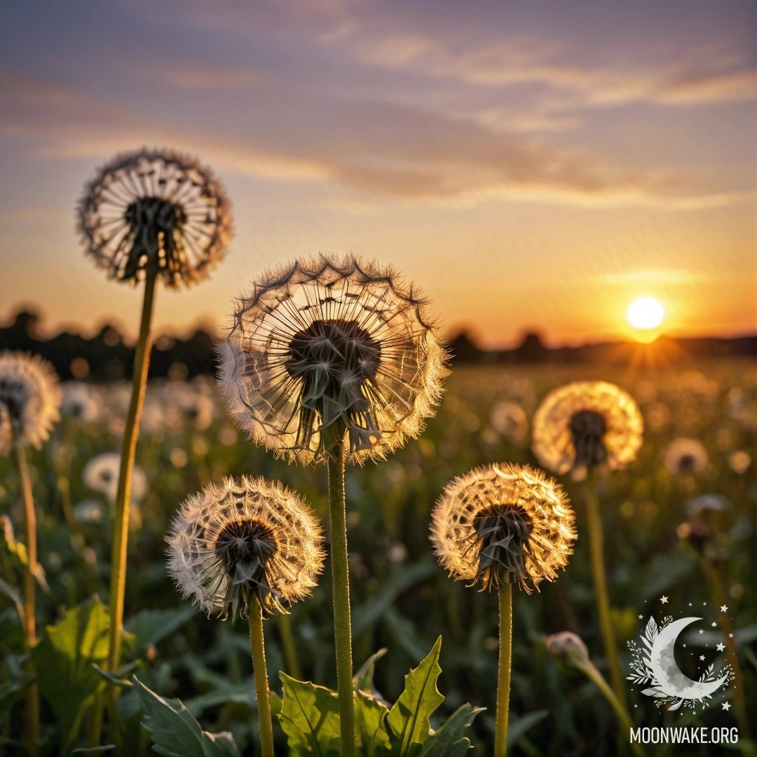 Крупный план одуванчиков на фоне размытого заката