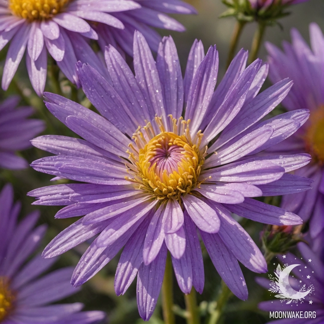 Акварельная картина с букетом пурпурных астров, окруженных паутиной и солнечными лучами.