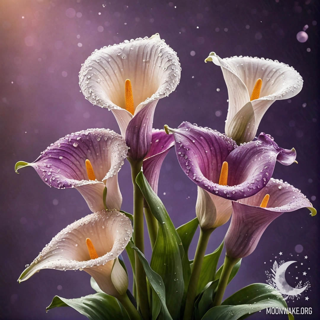 Спокойные пурпурные лилии, украшенные стразами, на закате.