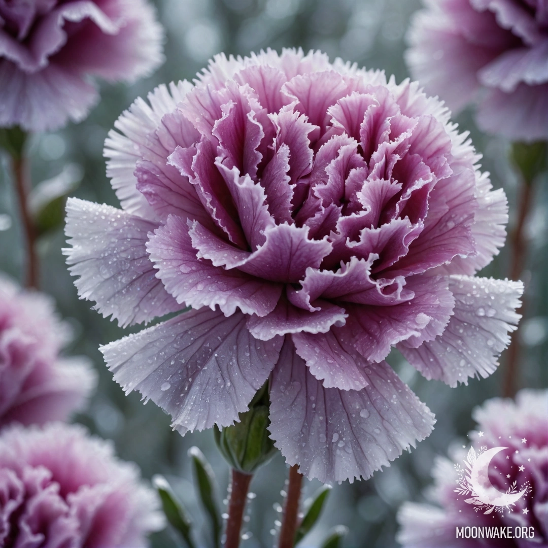 Красивая фиалковая гвоздика, окруженная сложными морозными узорами.