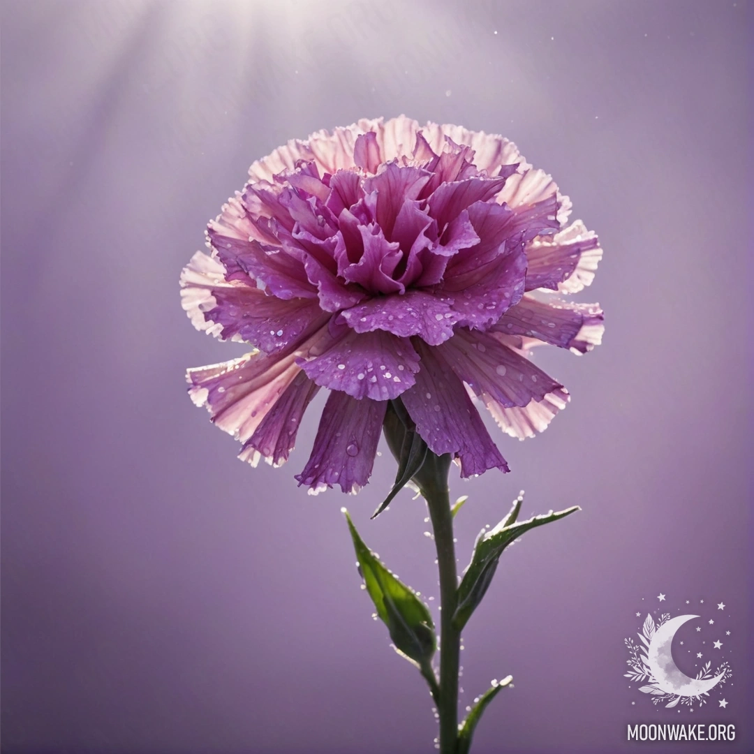Пурпурная гвоздика, окутанная туманом и солнечными лучами с блестками.