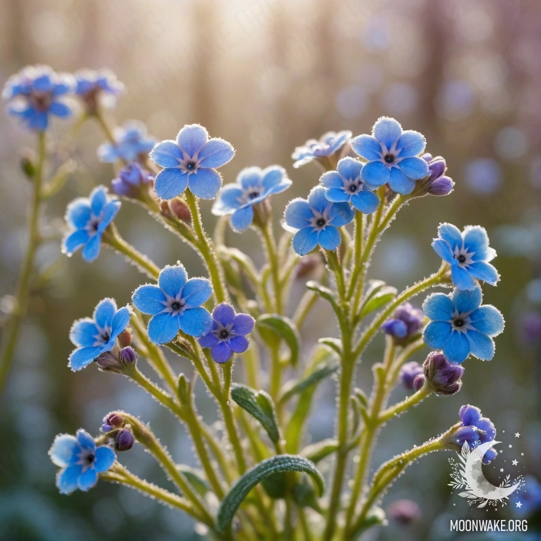Поле из нежных фиолетовых незабудок, украшенное морозом и солнечными лучами
