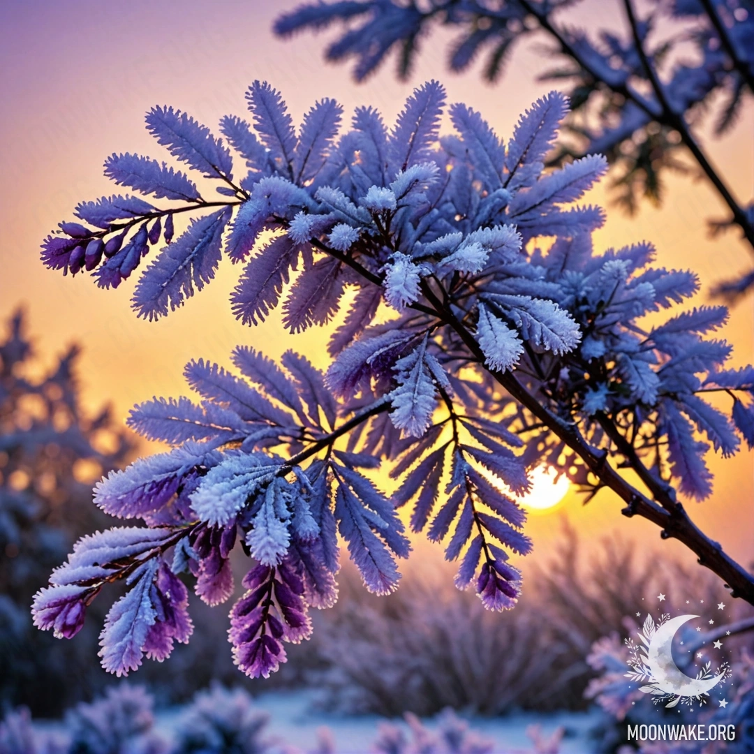 Букет пурпурной мимозы, покрытый морозом, в свете заката.