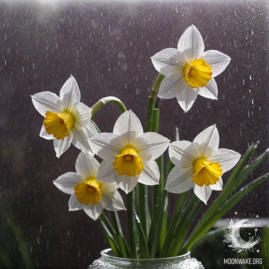 Фиалковый нарцисс в вазе, окутанный туманом и каплями дождя, с солнечными лучами, пробивающимися сквозь облака.