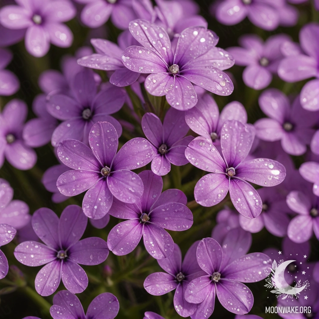 Минималистичное изображение фиолетовых цветов флокса, украшенных блестящими пайетками.