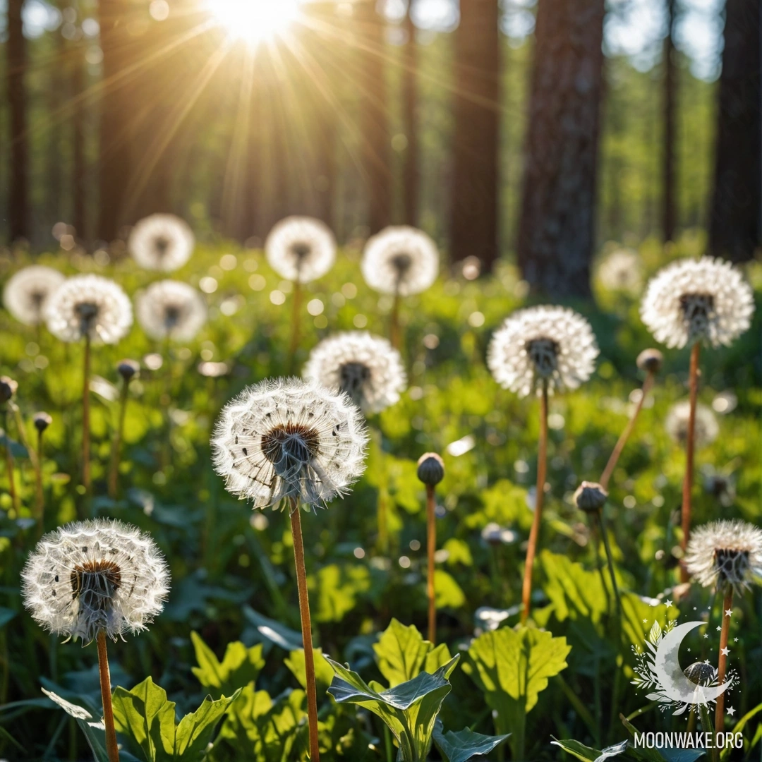Крупным планом одуванчики на спокойном поле, с размытым лесом и солнечными лучами на заднем плане.