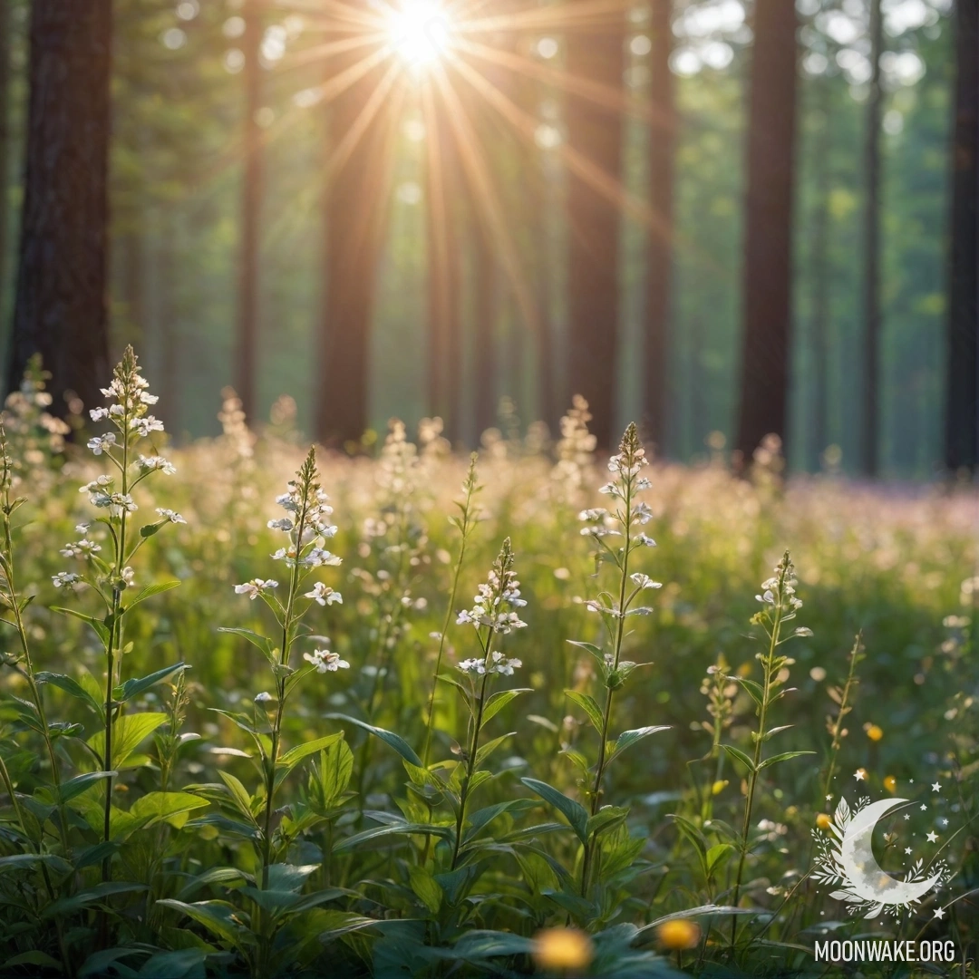 Крупный план ярких цветов на солнечном поле с размытым фоном леса.