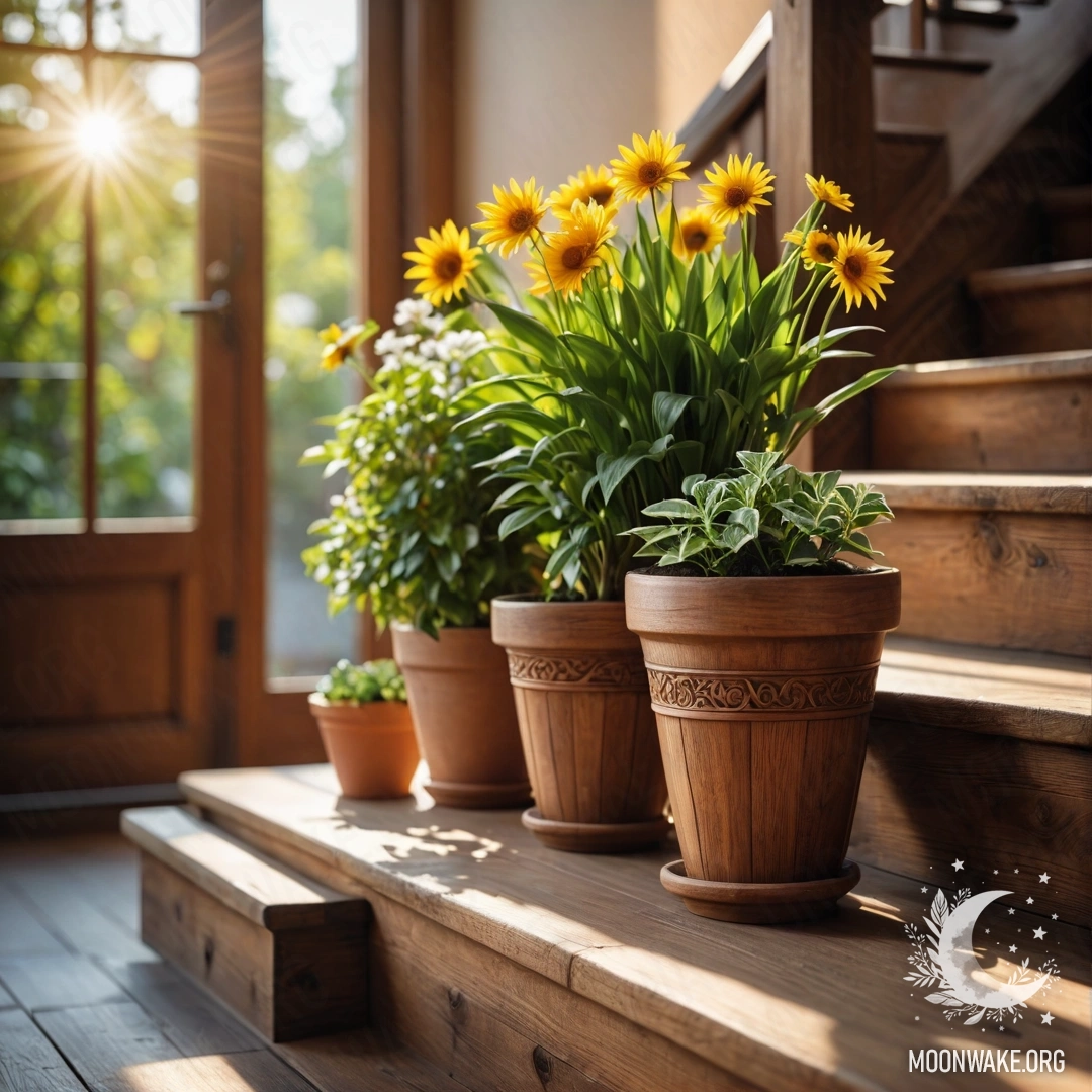 Солнечная деревянная лестница, украшенная цветочными горшками.