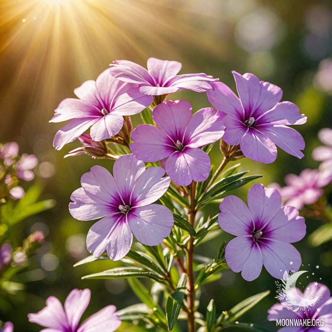 Акварельная картина романтических флоксов на золотом фоне, освещённая солнечными лучами.