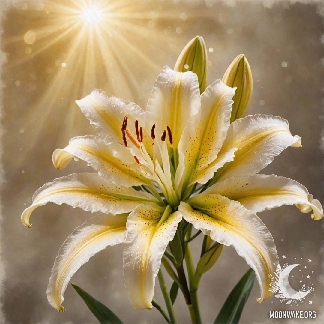 Спокойная сцена с лилией, окруженной паутиной и солнечными лучами.