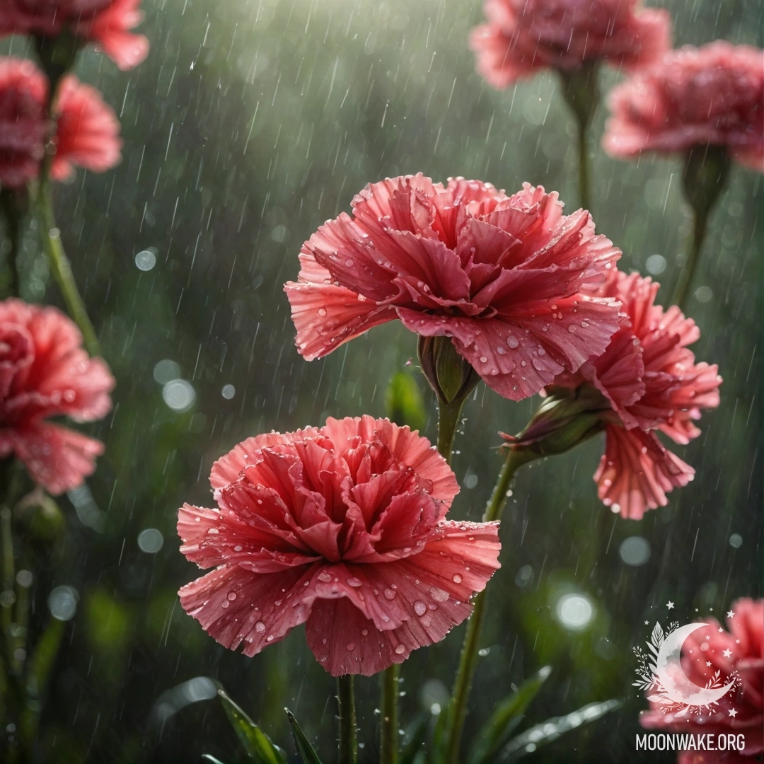 Яркая красная гвоздика окружена каплями дождя и солнечными лучами.