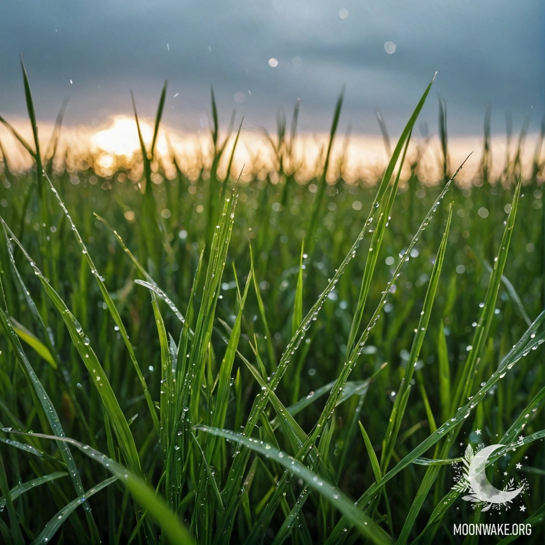 Близкий план зелёной травы на мирном поле с размытым небом сверху.