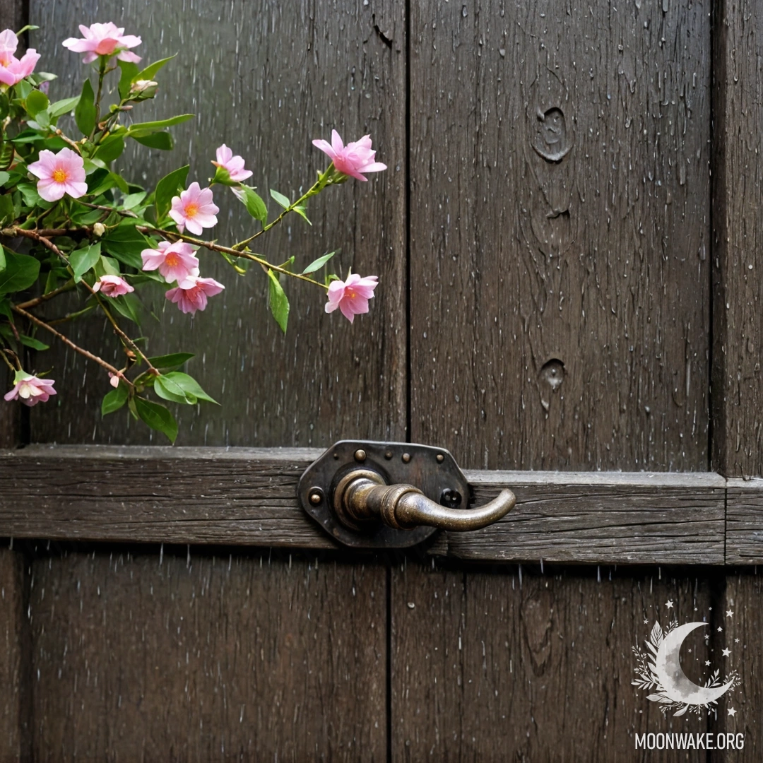 Старая дверь, украшенная веточками с цветами под дождём.