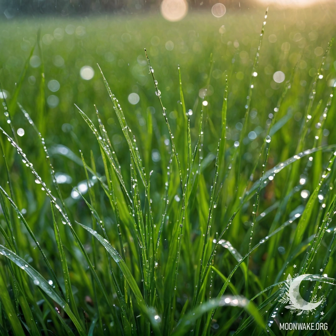 Крупный план травы с каплями дождя и размытыми полевыми цветами.