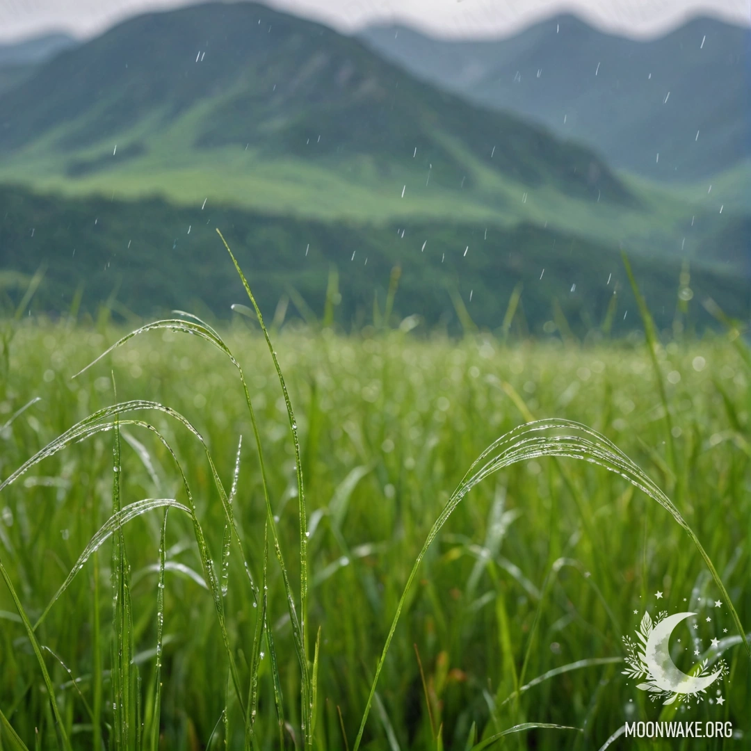 Крупный план милой травы на поле с размытыми горами на фоне под дождем.