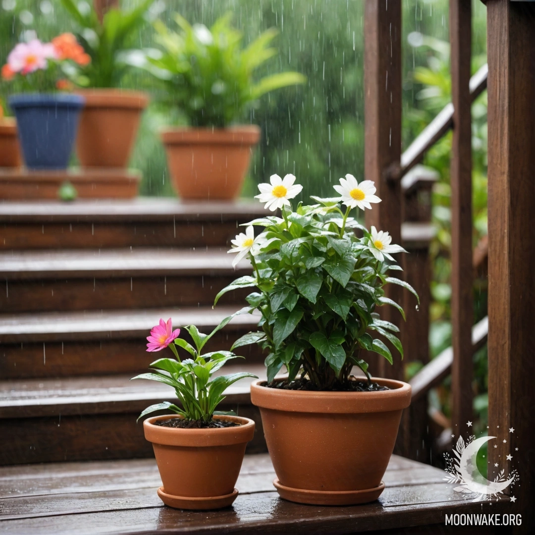 Цветочные горшки на деревянной лестнице под дождем.