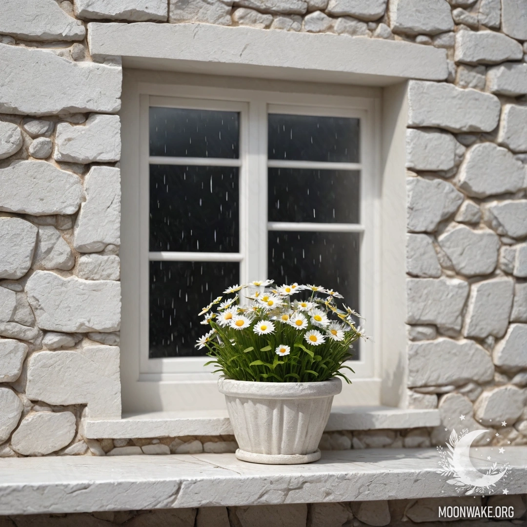 Корзина с ромашками на подоконнике открытого окна, на фоне белой каменной стены, под дождем снаружи.