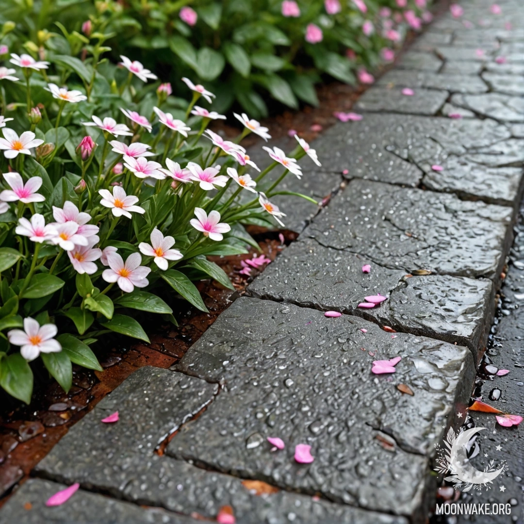 Старый каменный бордюр, за которым растут маленькие белые и розовые цветы, промокшие под дождем.