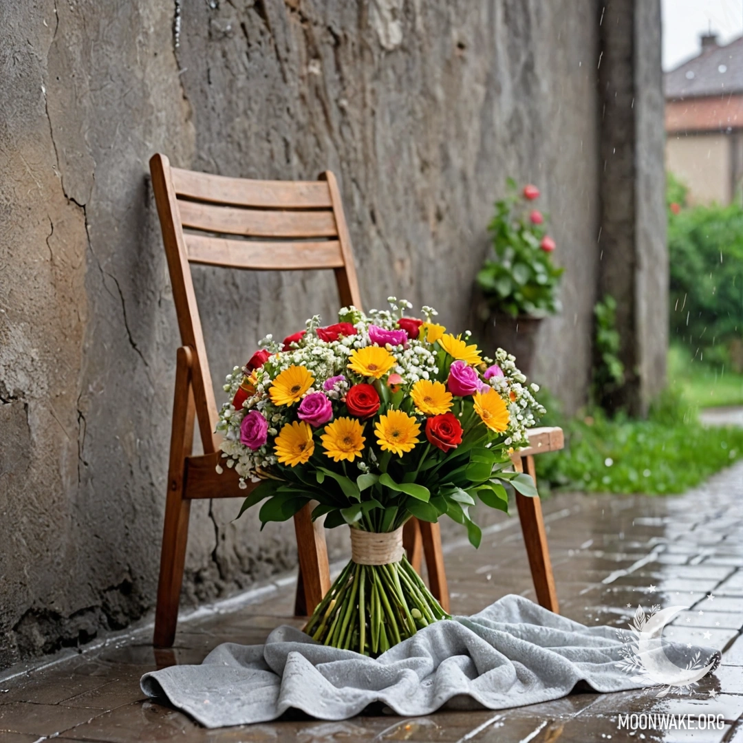 Стул с пледом и букетом цветов на нем, на фоне потрескавшейся стены под дождем.