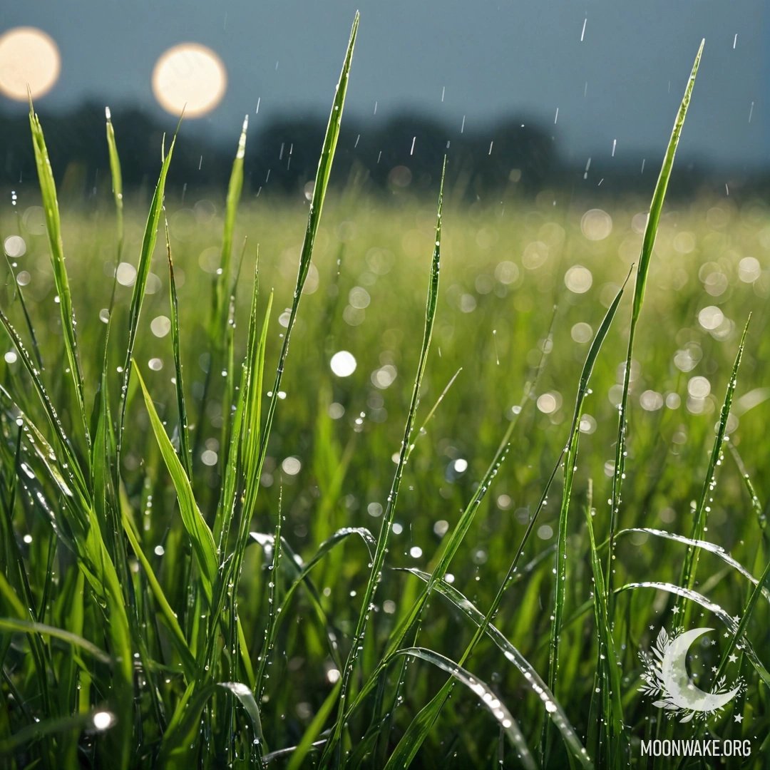 Крупный план травы в мирном поле на фоне размытого неба во время дождя.