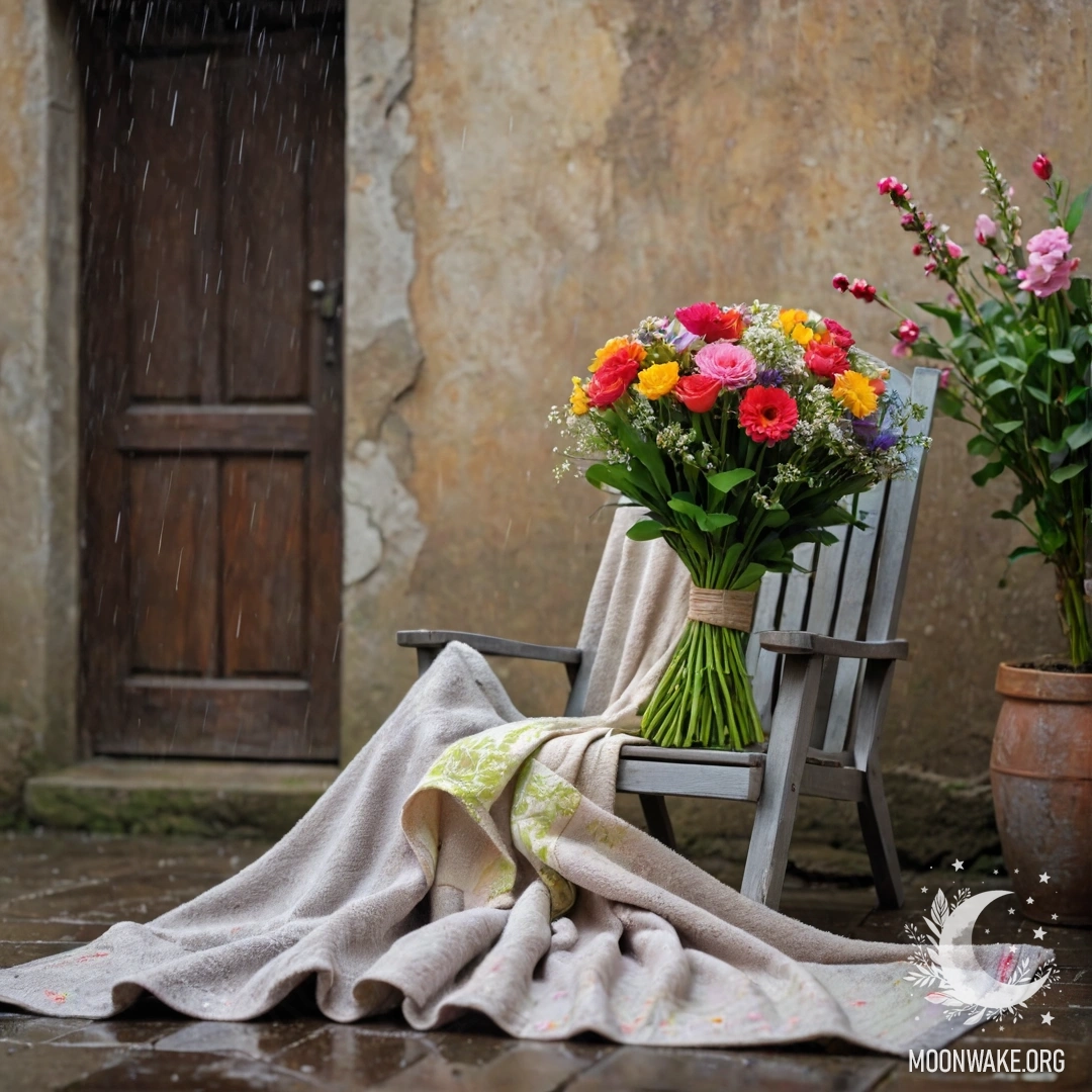 Стул с пледом и букетом цветов на нем, на фоне потрескавшейся стены под дождем.