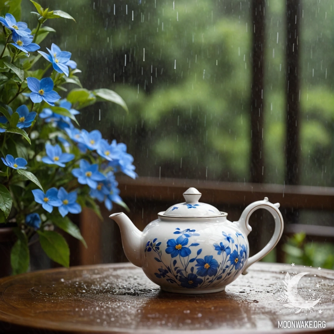 Круглый деревянный стол с фарфоровой чайницей, наполненной синими цветами, под дождем.