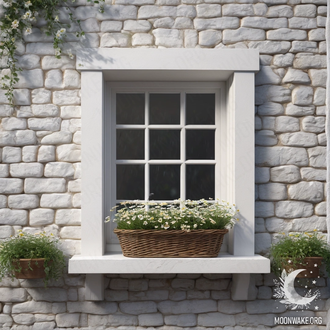 Фотореалистичное изображение каменной стены с открытым окном и ромашками в корзине на подоконнике под дождем.