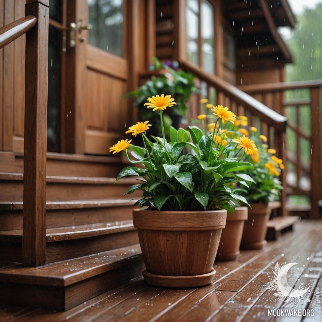 Уютная деревянная лестница, украшенная цветочными горшками под дождем.