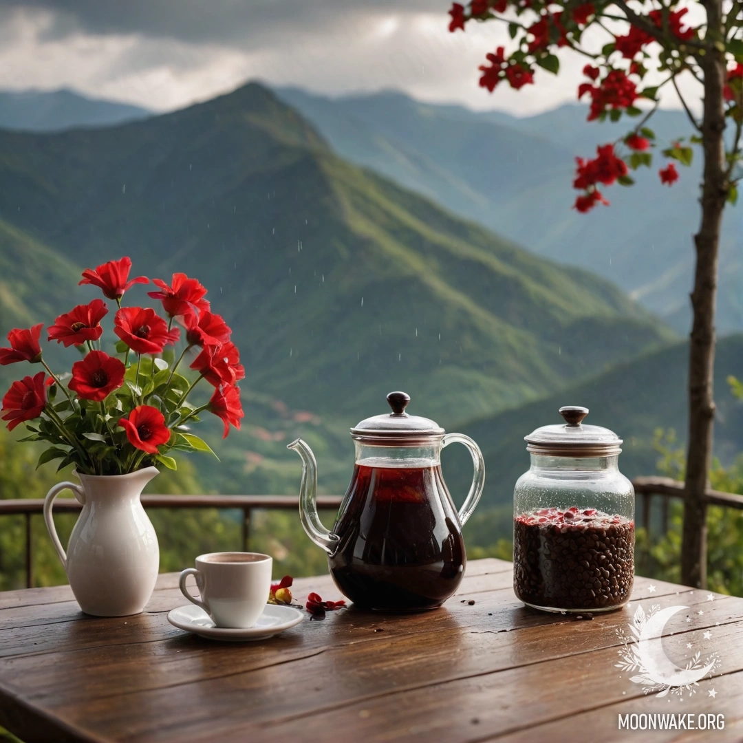 Абстрактный деревянный стол на фоне гор, на столе банка с красными цветами, кофейник и две чашки под дождем.