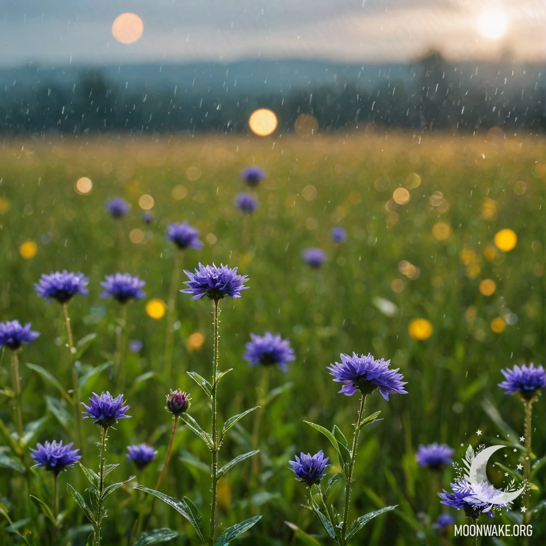Крупный план полевых цветов на фоне размытого боке неба, капли дождя украшают лепестки.
