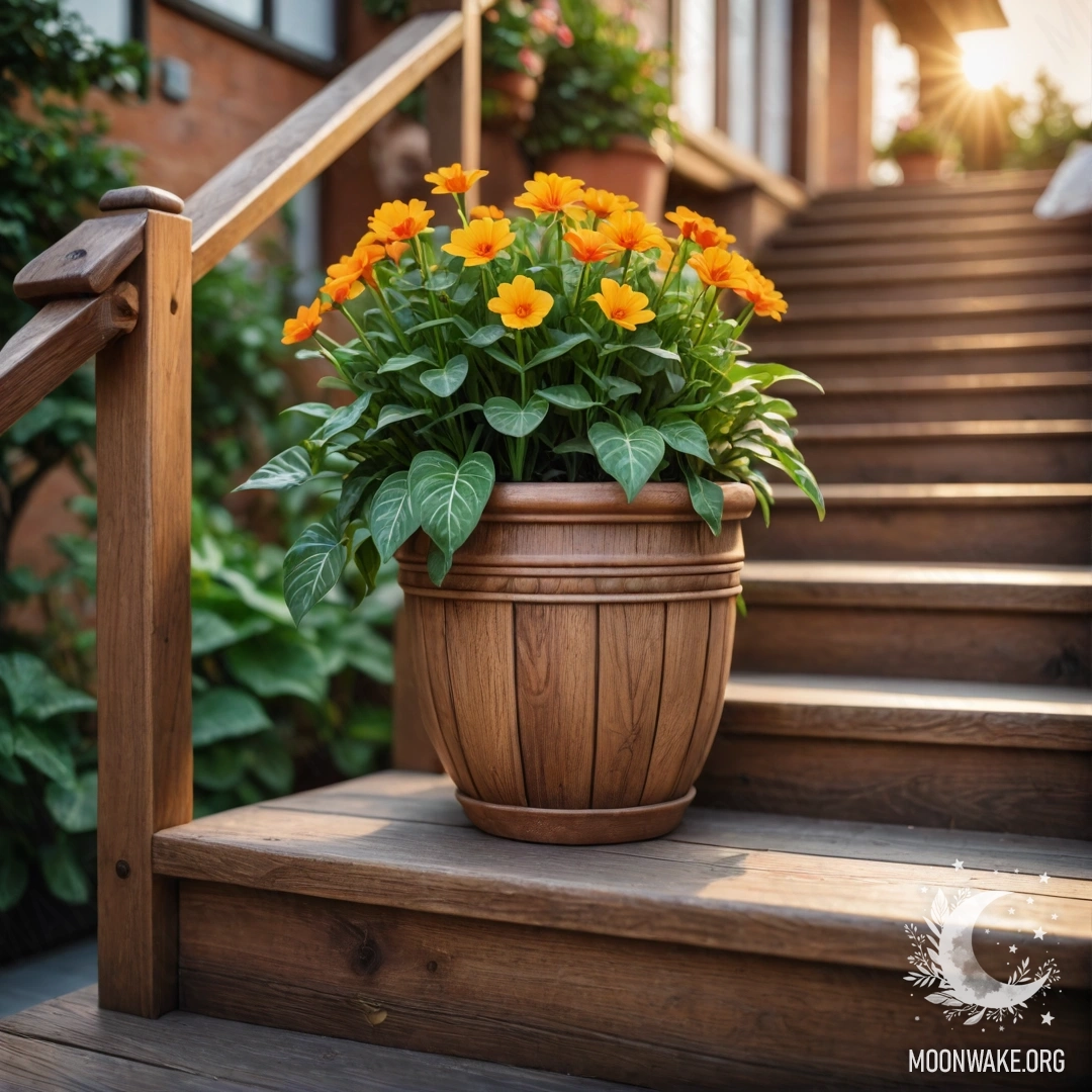 Фотореалистичный вид деревянного стола с банкой красных цветов и кофейником под дождем на фоне гор.