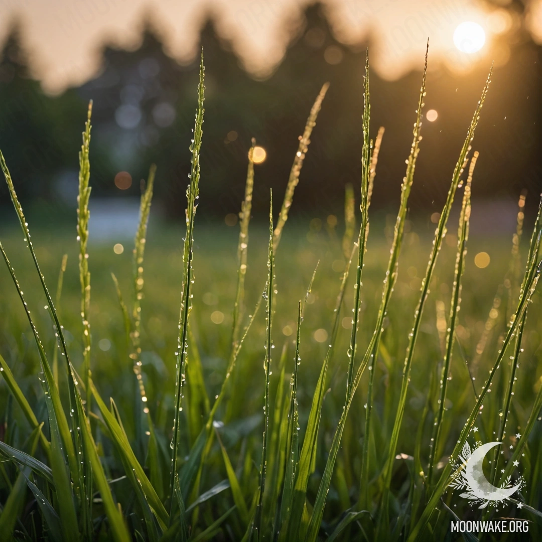 Близкий план травы на поле на фоне размытого заката с дождём.