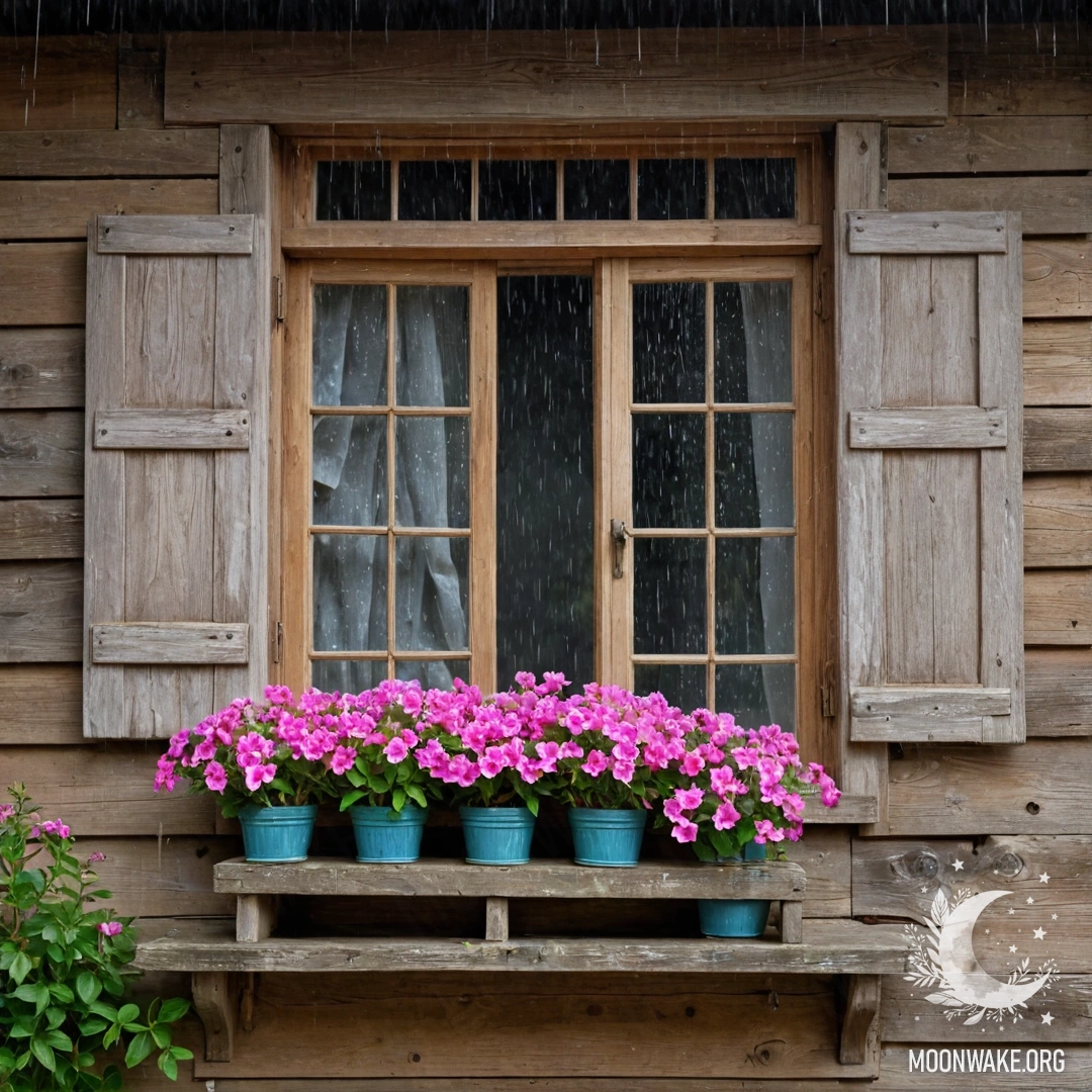 Старое деревянное окно с ставнями, над которым висит керосиновая лампа, обвита веткой с розовыми цветами, под дождем.