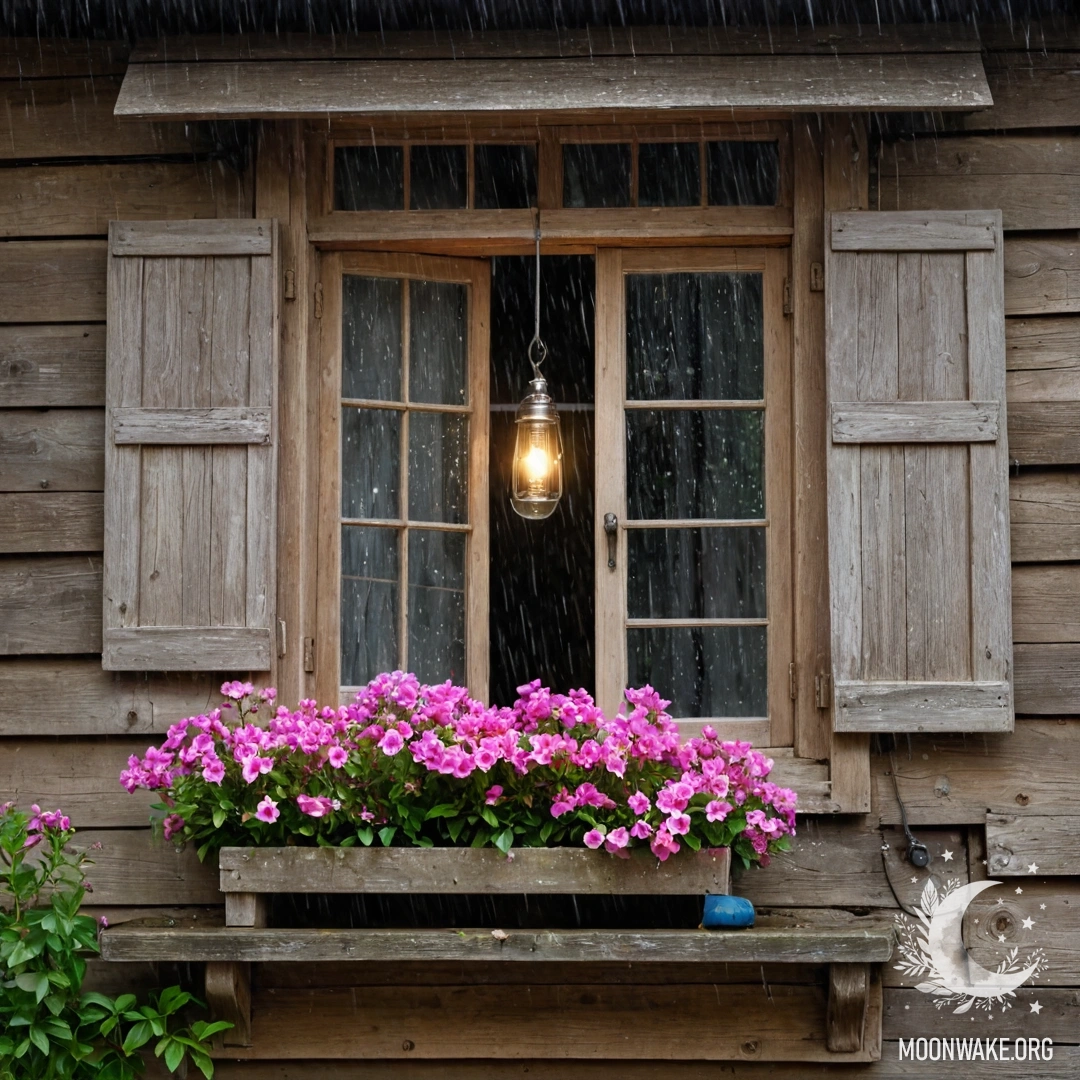 Потертое деревянное окно с ставнями, висящая керосиновая лампа и ветка с розовыми цветами, обвивающая его под дождем.