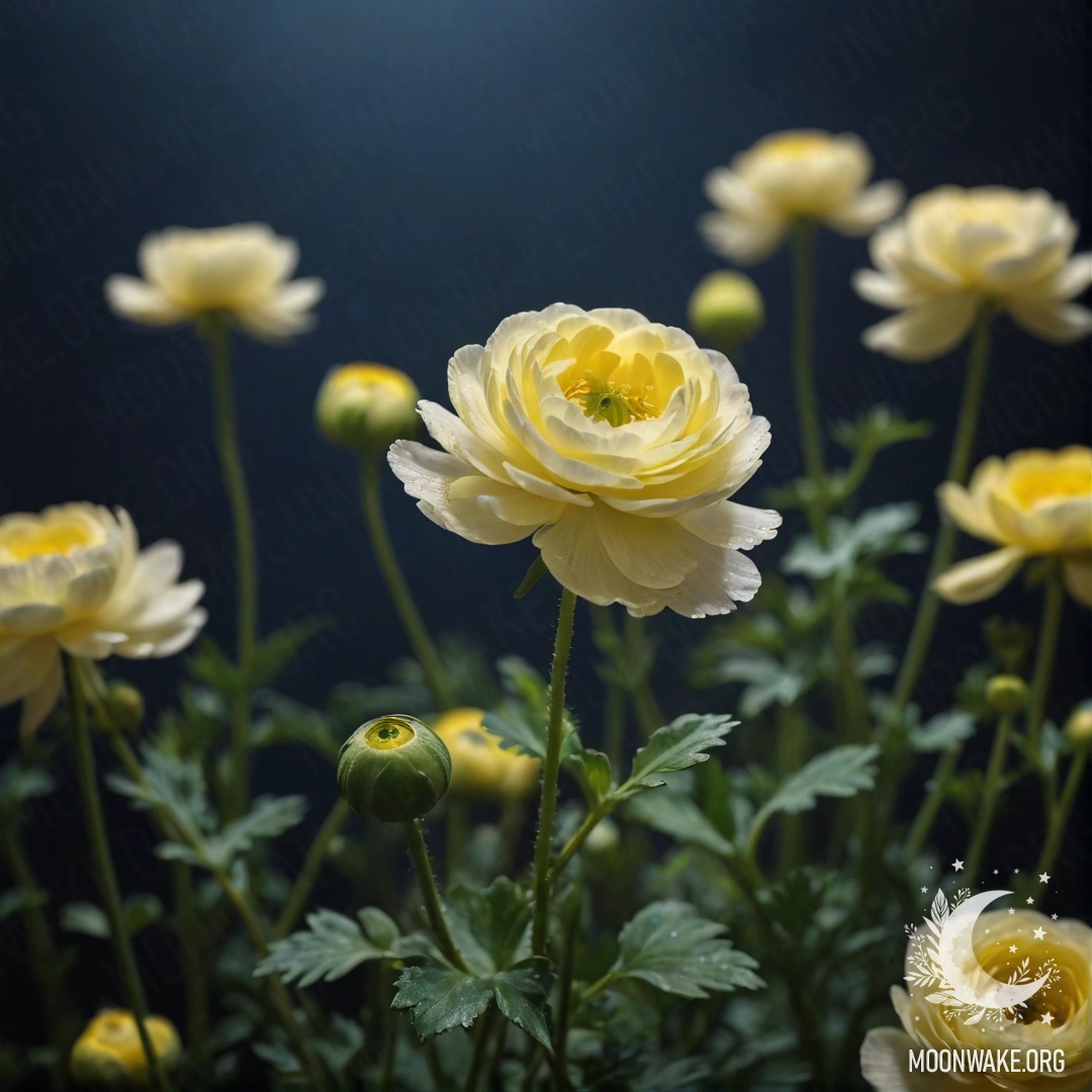 Красивый цветок ранункулюса, пробивающийся сквозь мягкий ночной туман на теплом желтом фоне.