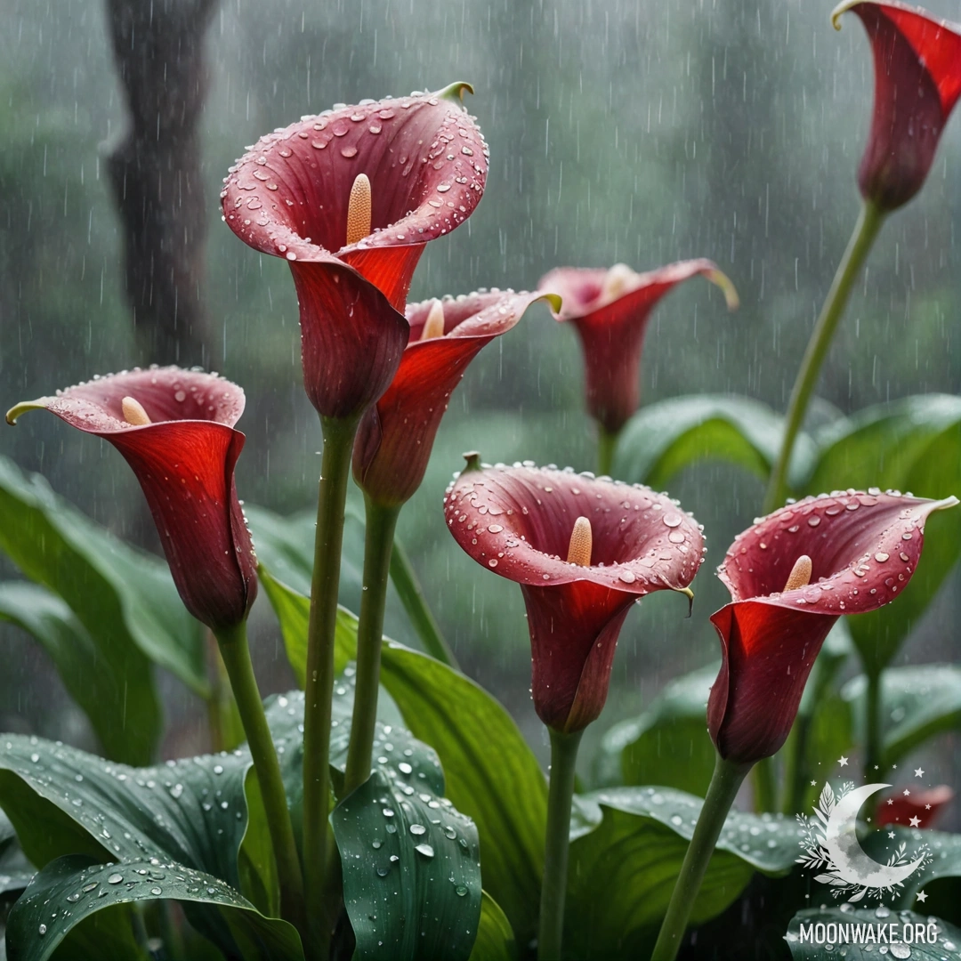 Красивый букет красных лилий в тумане под дождем, украшенный стразами.