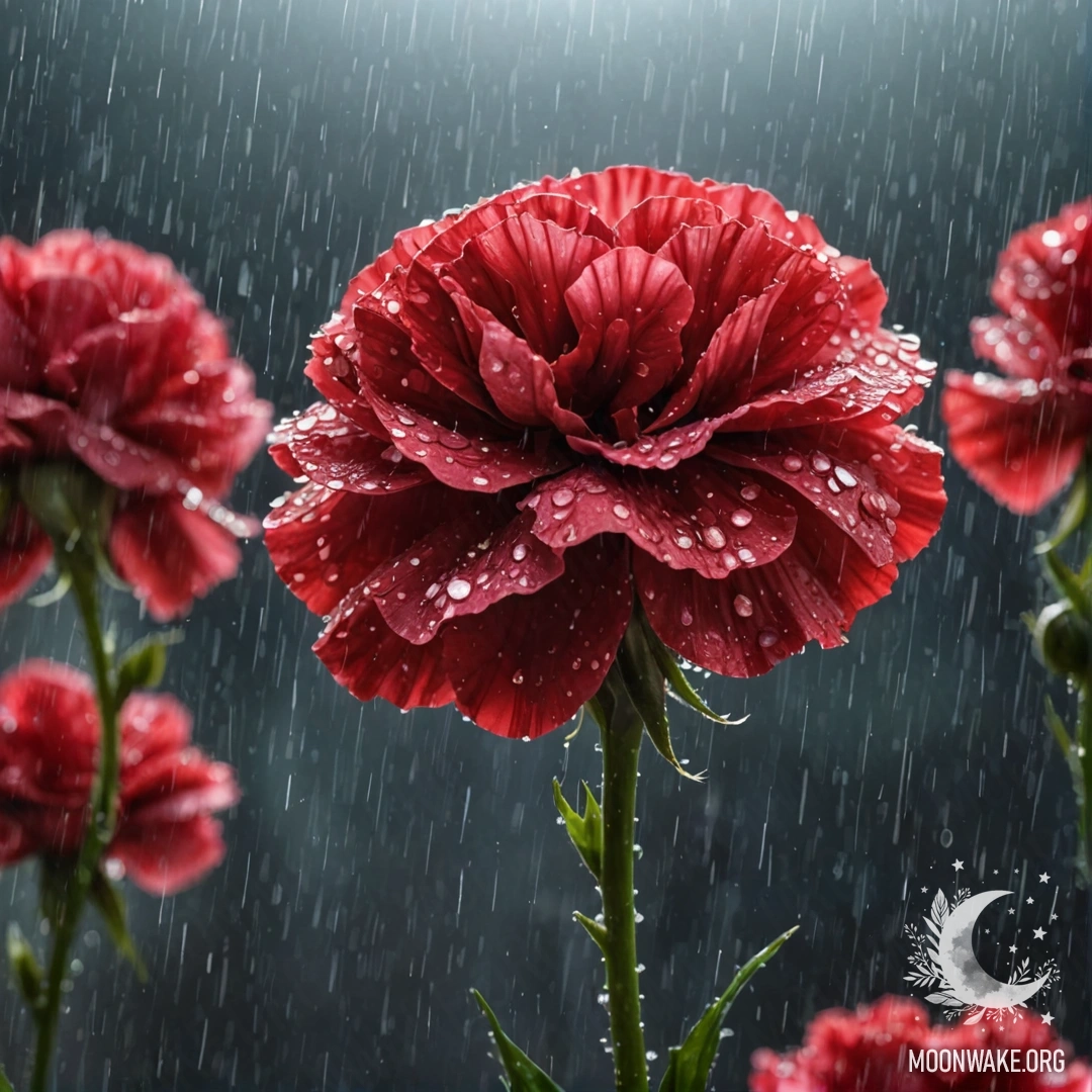 Одинокая красная гвоздика, промокшая под дождем, украшенная блестящими блестками.