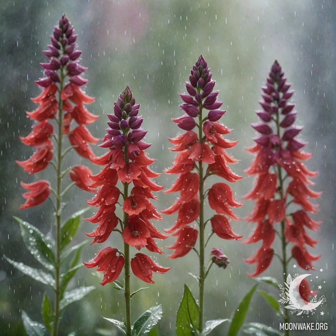 Яркий красный дельфиниум, окружённый туманом и нежным дождём.