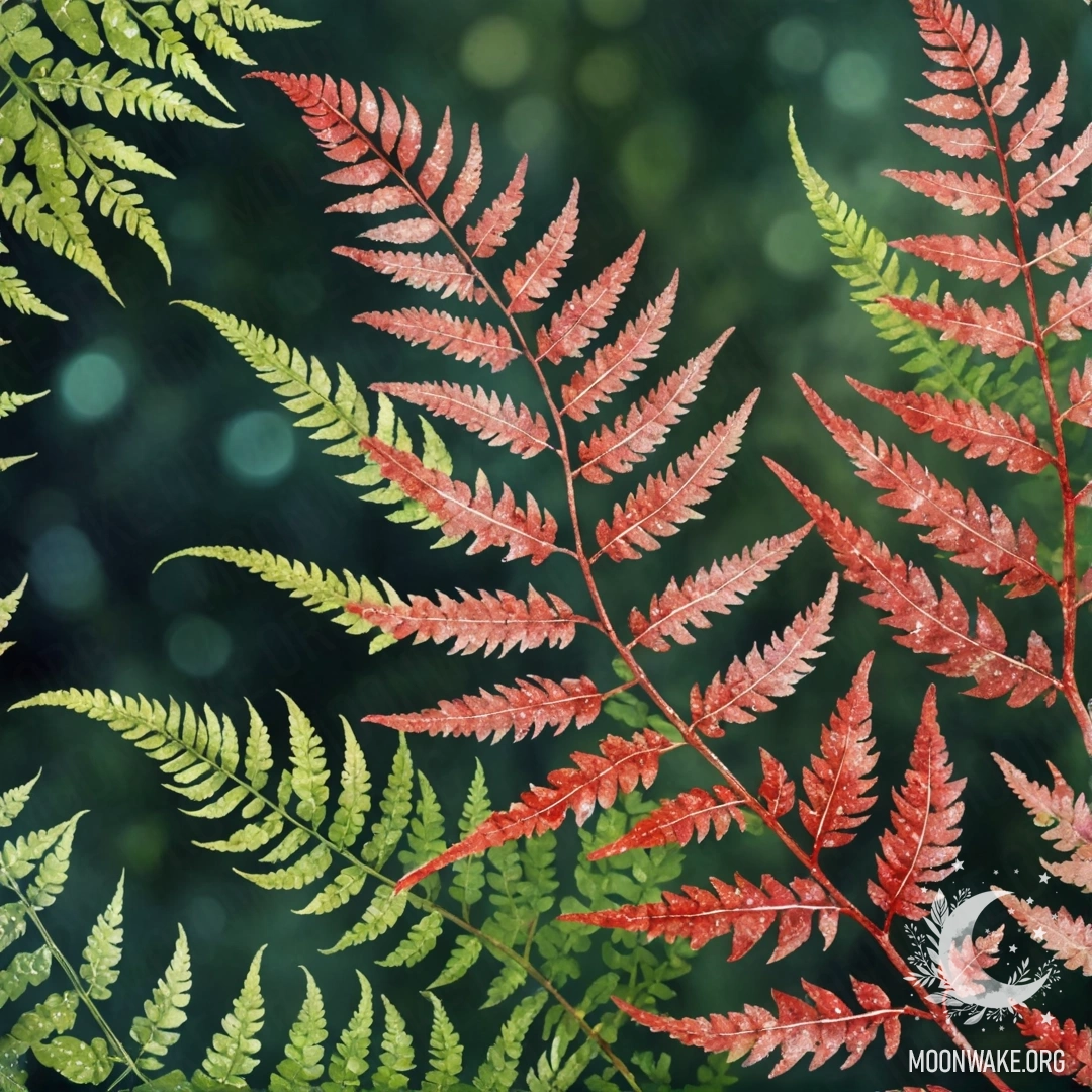 Мирный красный папоротник, украшенный блестками, в деликатном акварельном стиле.