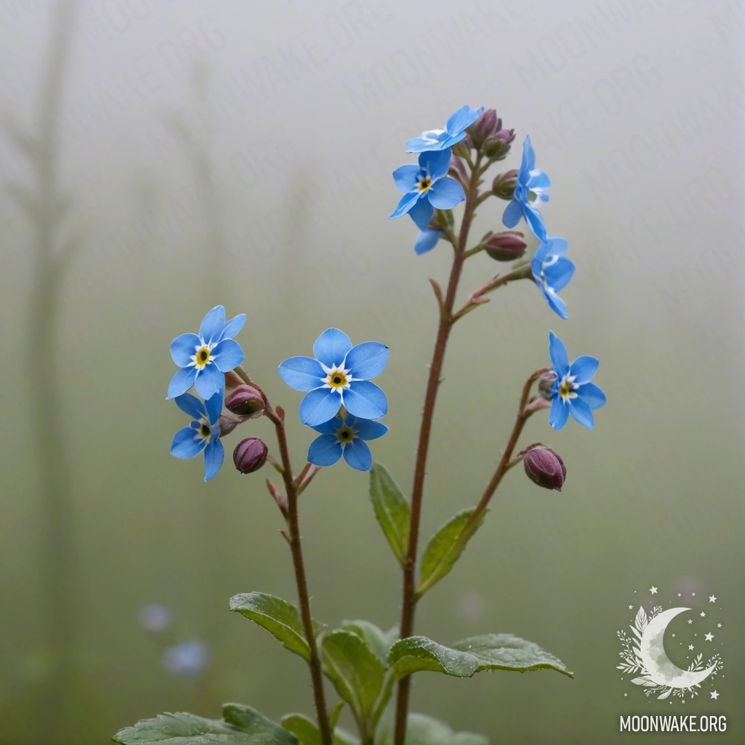 Спокойный пейзаж с красными незабудками, окруженными туманом.