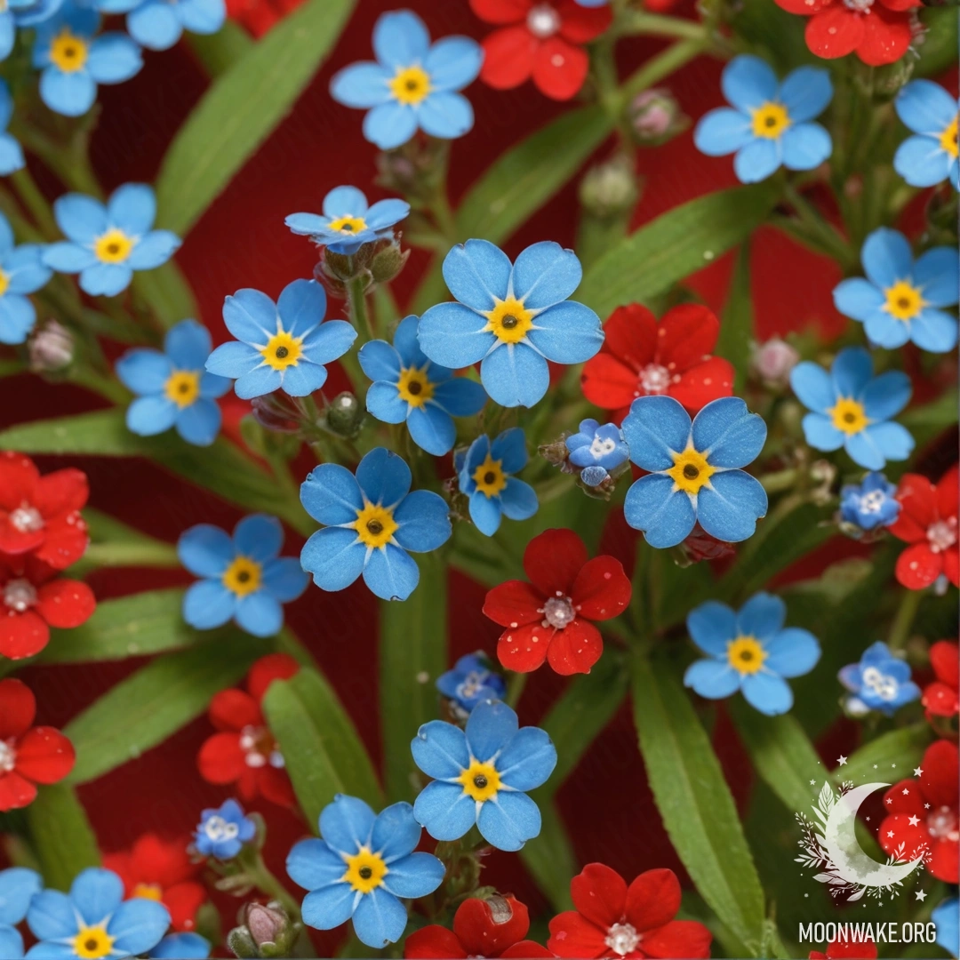 Цифровая картина с красными незабудками, украшенными стразами, выполненная в минималистичном стиле.