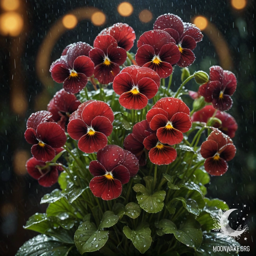 Букет красных анютиных глазок, промокших под дождем ночью.