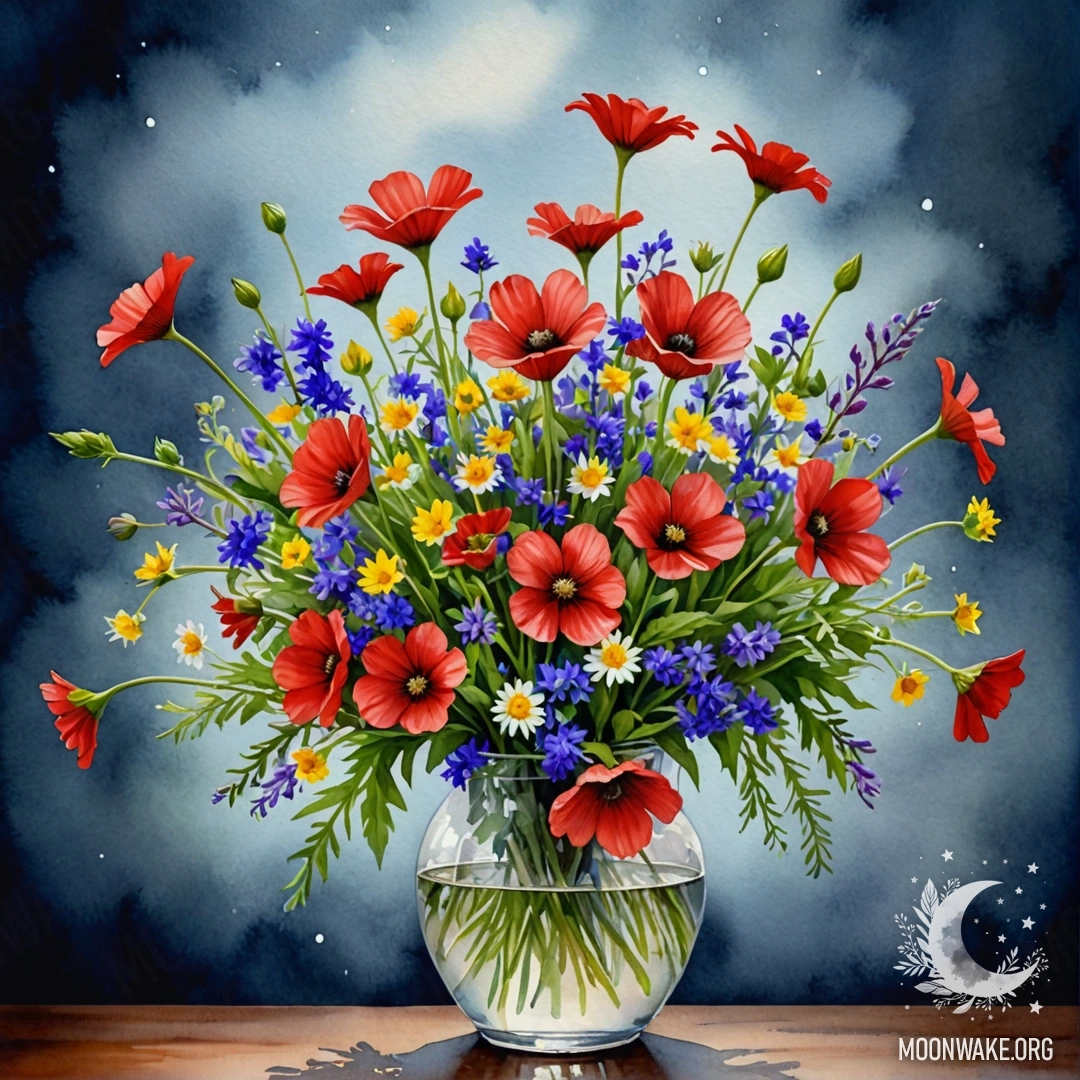 Ваза с красивыми красными полевыми цветами, окруженная туманом ночью.