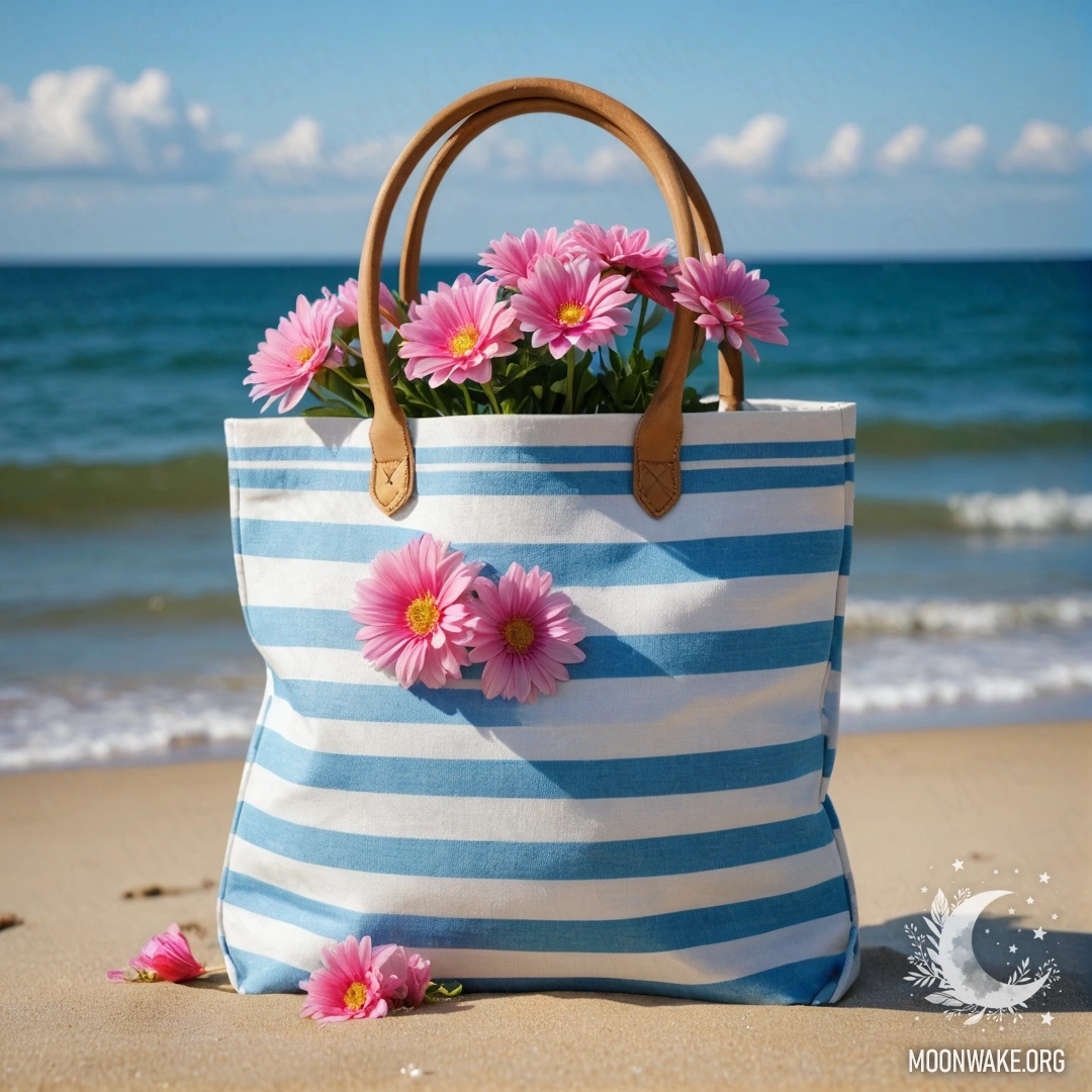 Белосиняя полосатая сумка с розовыми цветами на солнечном песчаном пляже рядом с голубым морем и небом под дождем.