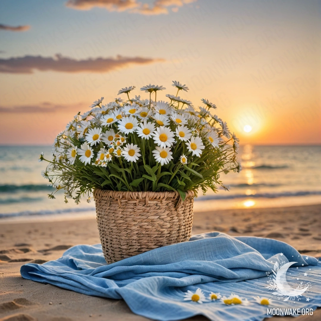 Соломенная сумка с синей скатертью и букетом ромашек на песчаном пляже на закате, освещенная гирляндой