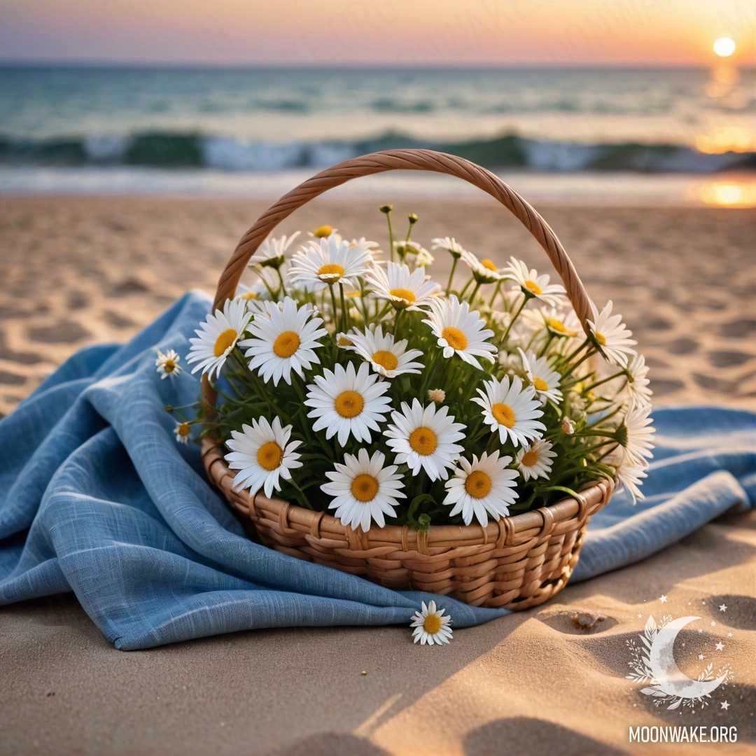Соломенная сумка с голубой скатертью и ромашками на песчаном пляже на закате.
