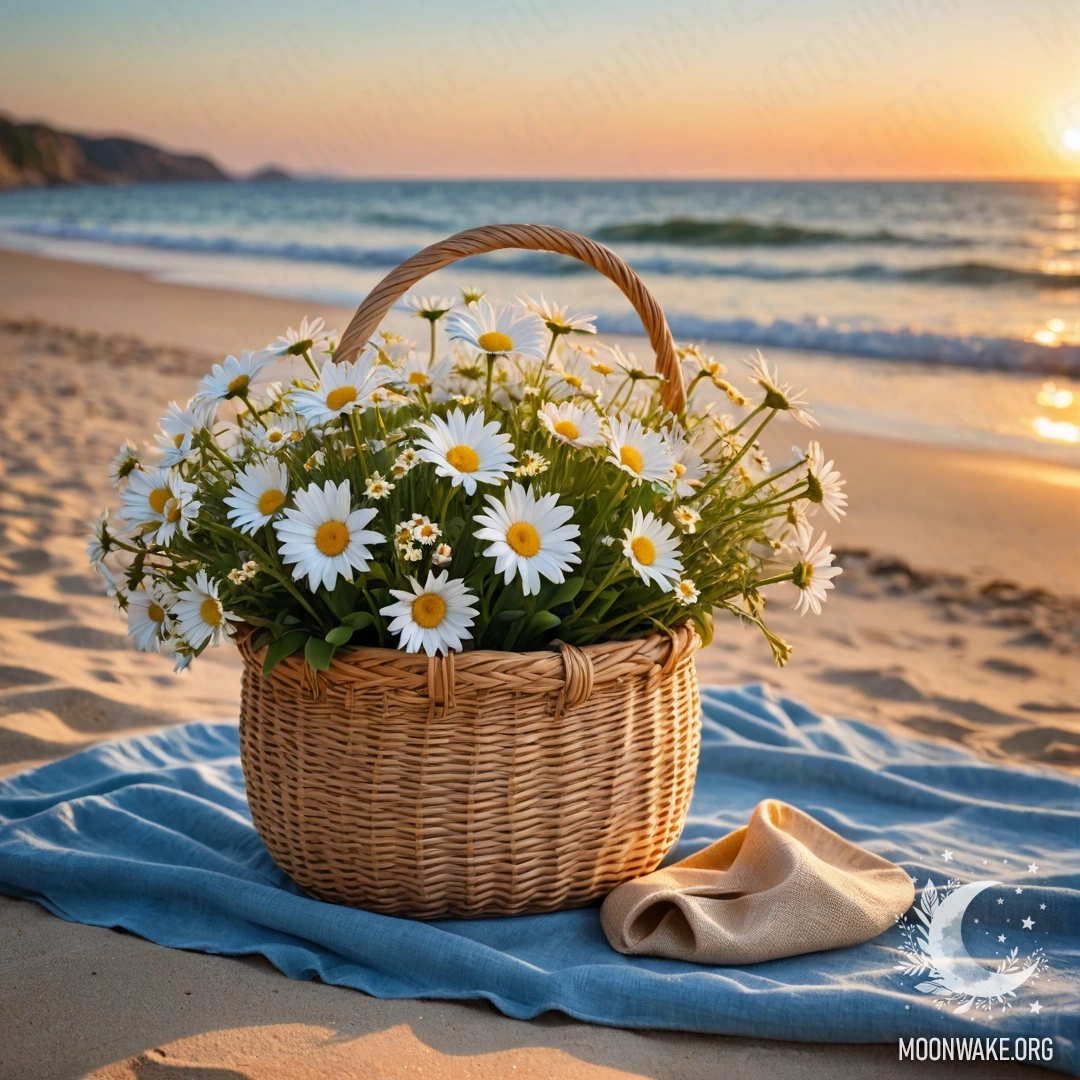 Соломенная сумка с синей скатертью и букетом ромашек на песчаном пляже на закате, на фоне моря.